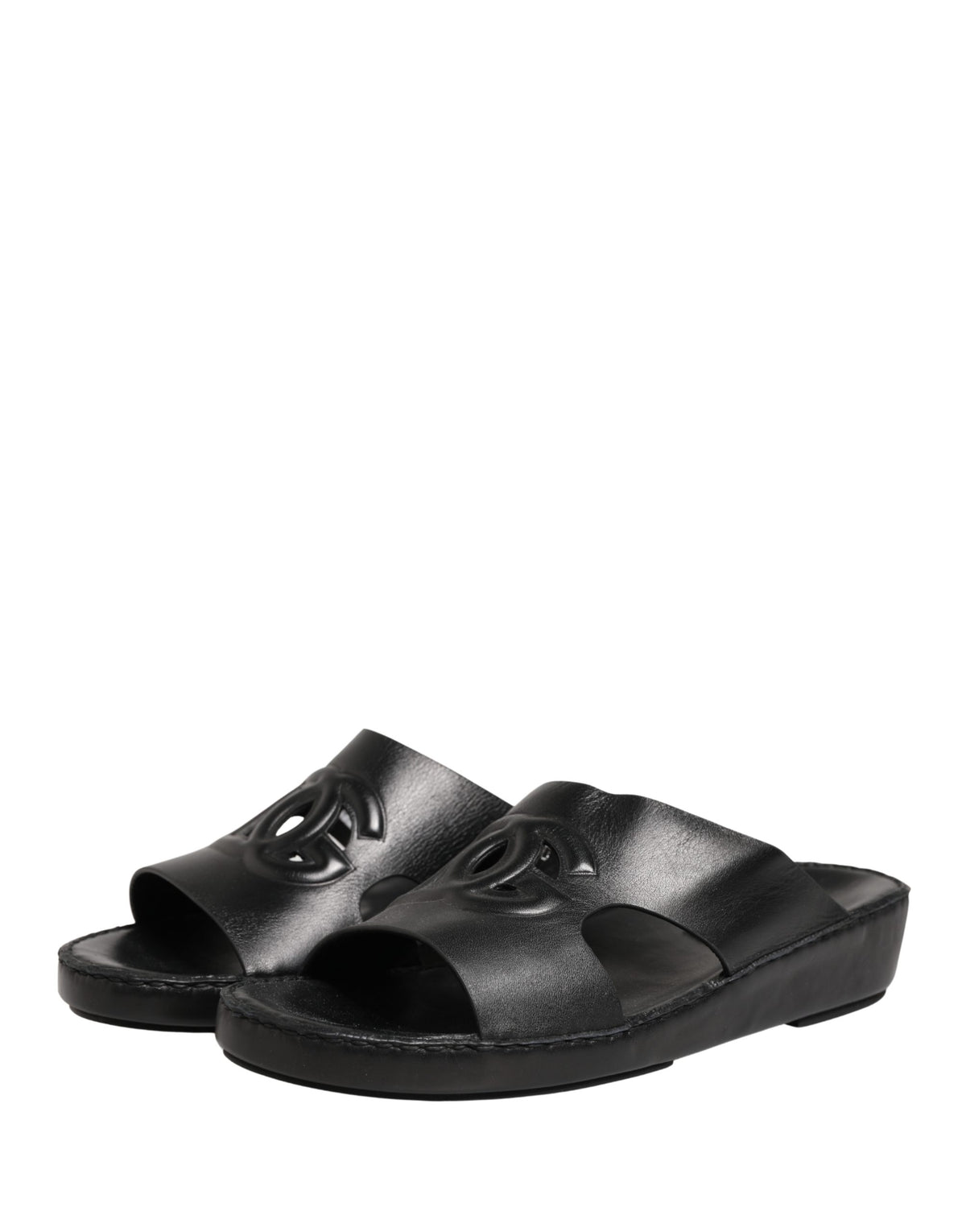 Dolce & Gabbana Black Leather Cutout DG Logo Sandals Shoes - Eljoys Fashion 