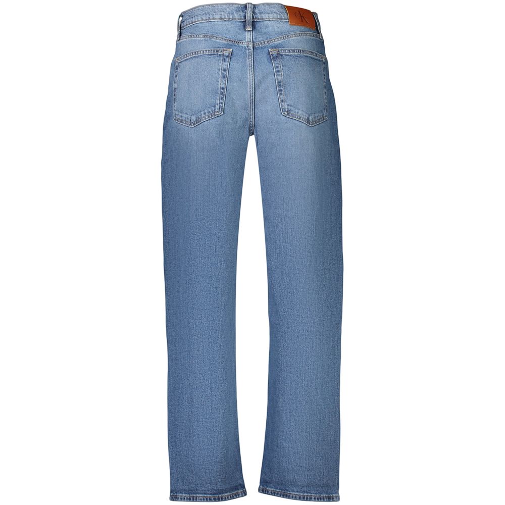 Calvin Klein blue cotton women's jeans showing classic fit with five-pocket design and belt loops.