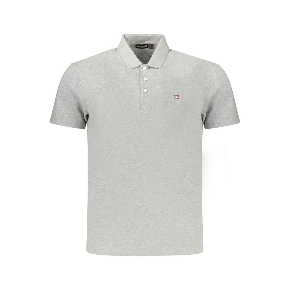 Gray Napapijri men's cotton polo shirt displayed on a hanger, showcasing a classic collar and clean design.