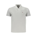 Gray Napapijri men's cotton polo shirt displayed on a hanger, showcasing a classic collar and clean design.
