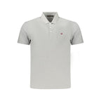 Gray Napapijri men's cotton polo shirt displayed on a hanger, showcasing a classic collar and clean design.