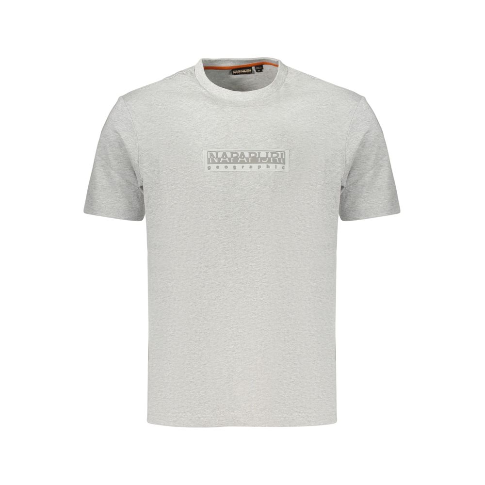 Gray cotton men's T-shirt by Napapijri, featuring a casual fit and simple crew neckline, shown laid flat.