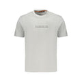 Gray cotton men's T-shirt by Napapijri, featuring a casual fit and simple crew neckline, shown laid flat.