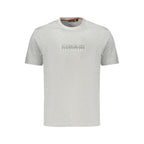 Gray cotton men's T-shirt by Napapijri, featuring a casual fit and simple crew neckline, shown laid flat.