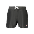 Tommy Hilfiger black polyester men's swimwear with logo waistband, front view showing sleek design and comfortable fit.