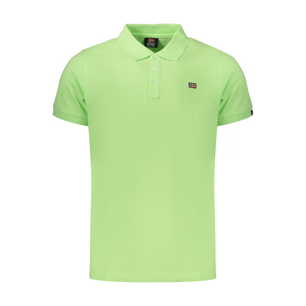 Norway 1963 Verde cotton men's polo shirt displayed on a hanger, featuring a classic collar and short sleeves.