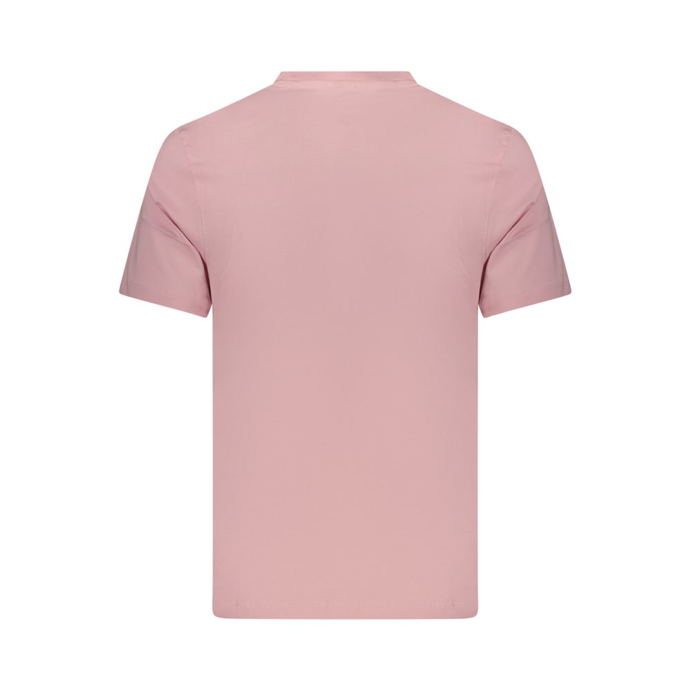 Pink cotton men's T-shirt by Pepe Jeans, casual fit with short sleeves and crew neckline, displayed on a hanger.