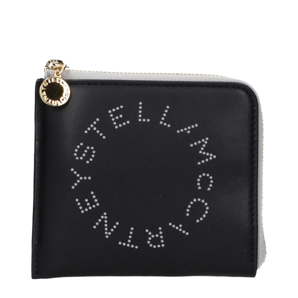 Black leather wallet by Stella McCartney featuring sleek design and subtle branding, shown with open compartments.