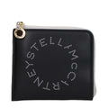 Black leather wallet by Stella McCartney featuring sleek design and subtle branding, shown with open compartments.