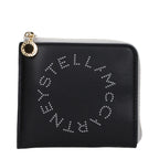 Black leather wallet by Stella McCartney featuring sleek design and subtle branding, shown with open compartments.