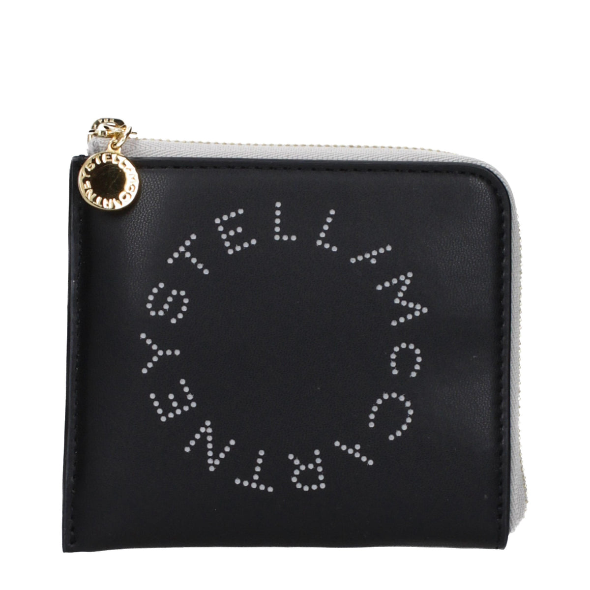 Black leather wallet by Stella McCartney featuring sleek design and subtle branding, shown with open compartments.