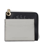 Black leather wallet by Stella McCartney with sleek design and multiple card slots, featuring the brand's logo.