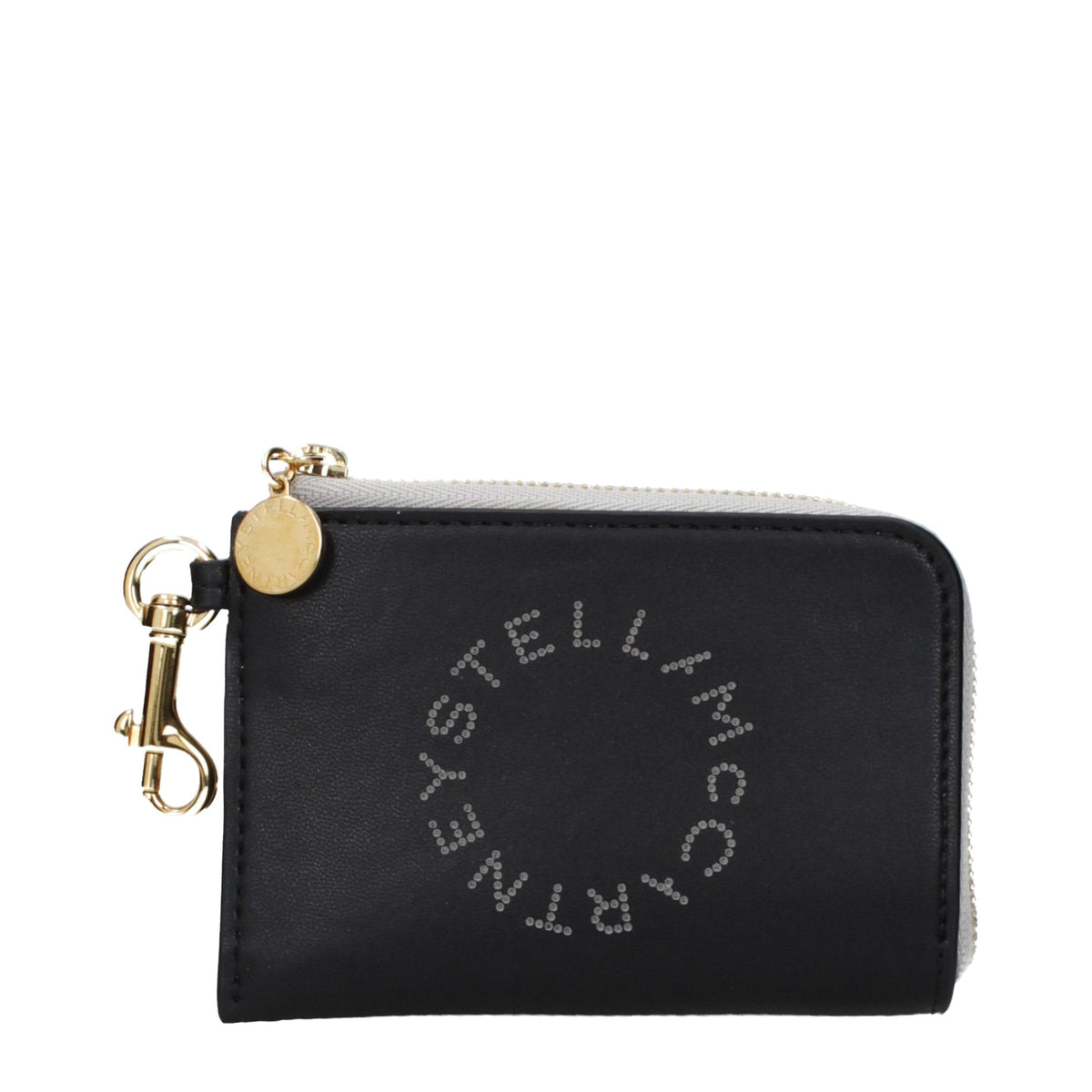 Stella McCartney black leather wallet with sleek design and silver-tone hardware, featuring multiple card slots and a zip coin compartment.