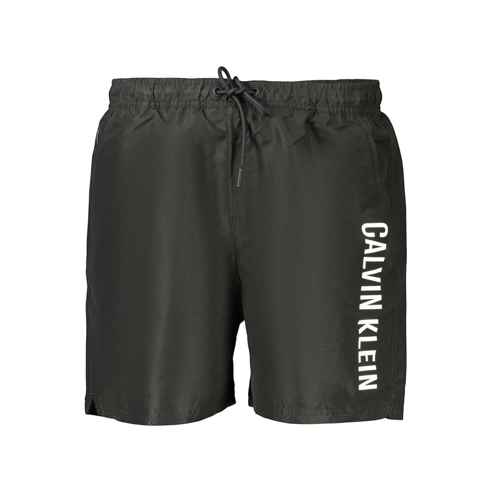 Calvin Klein men's black polyester shorts with an elastic waistband and side pockets, casual and comfortable for everyday wear.