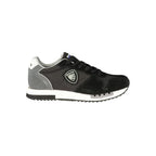 Black polyurethane men's sneaker by Blauer showing a sleek low-top design with white sole and detailed stitching.