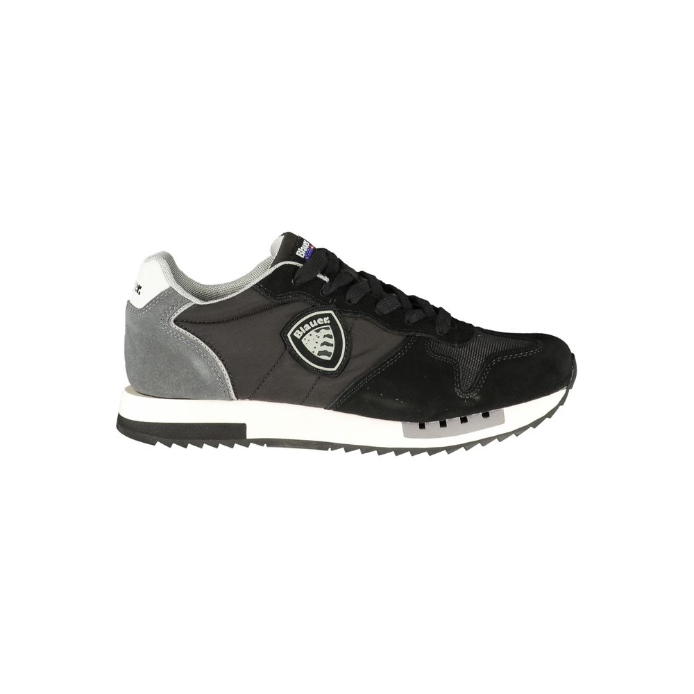Black polyurethane men's sneaker by Blauer showing a sleek low-top design with white sole and detailed stitching.