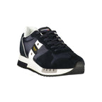 Blauer men's sneaker in blue polyurethane with white sole, casual athletic shoe, side view showing stylish design.