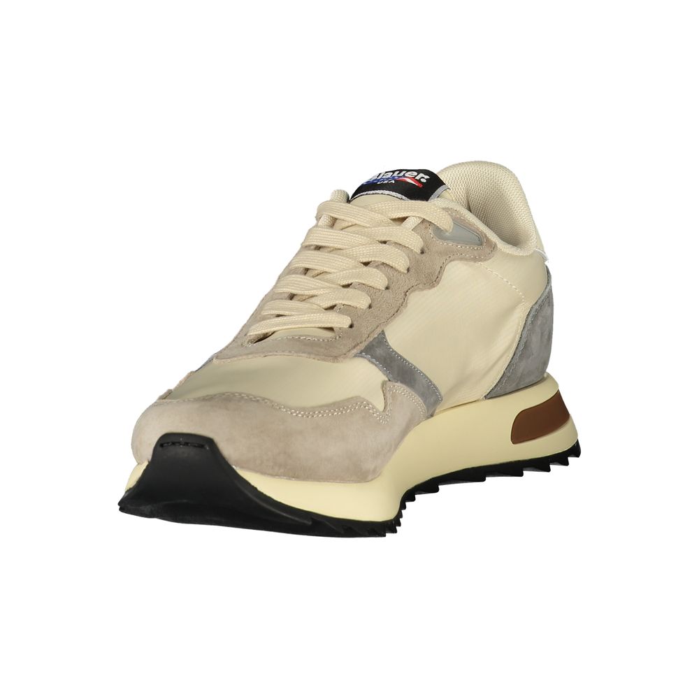 Beige polyester men's sneaker by Blauer with white sole and lace-up design, casual footwear for everyday wear.