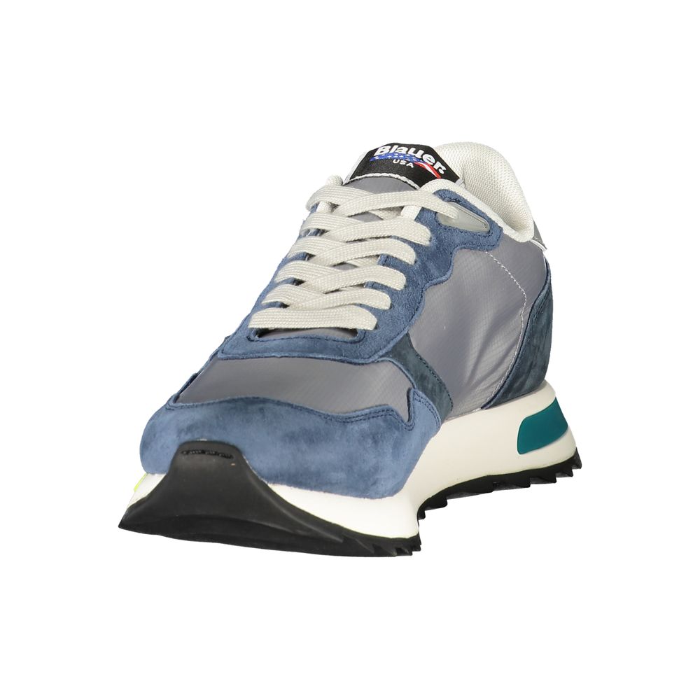 Blue polyester men's sneaker by Blauer with white sole and laces, casual athletic footwear, front and side view.