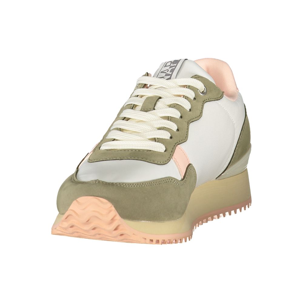 Napapijri Bianco women's polyester sneaker with white and grey design, featuring a sleek athletic style and comfortable fit.