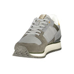 Gray Napapijri men's polyester sneaker with white sole and laces, showcasing a sleek, casual athletic design.