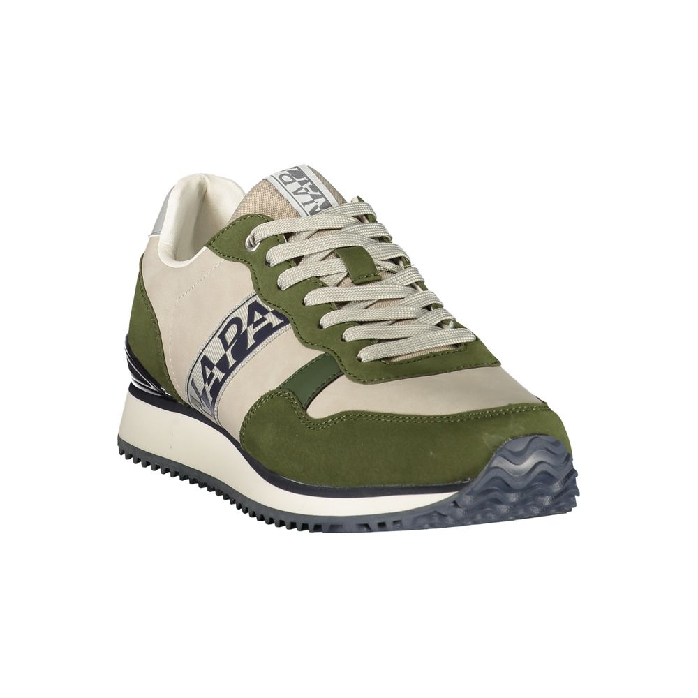 Napapijri men's green polyurethane sneaker with white sole and sleek design, suitable for casual and sporty wear.