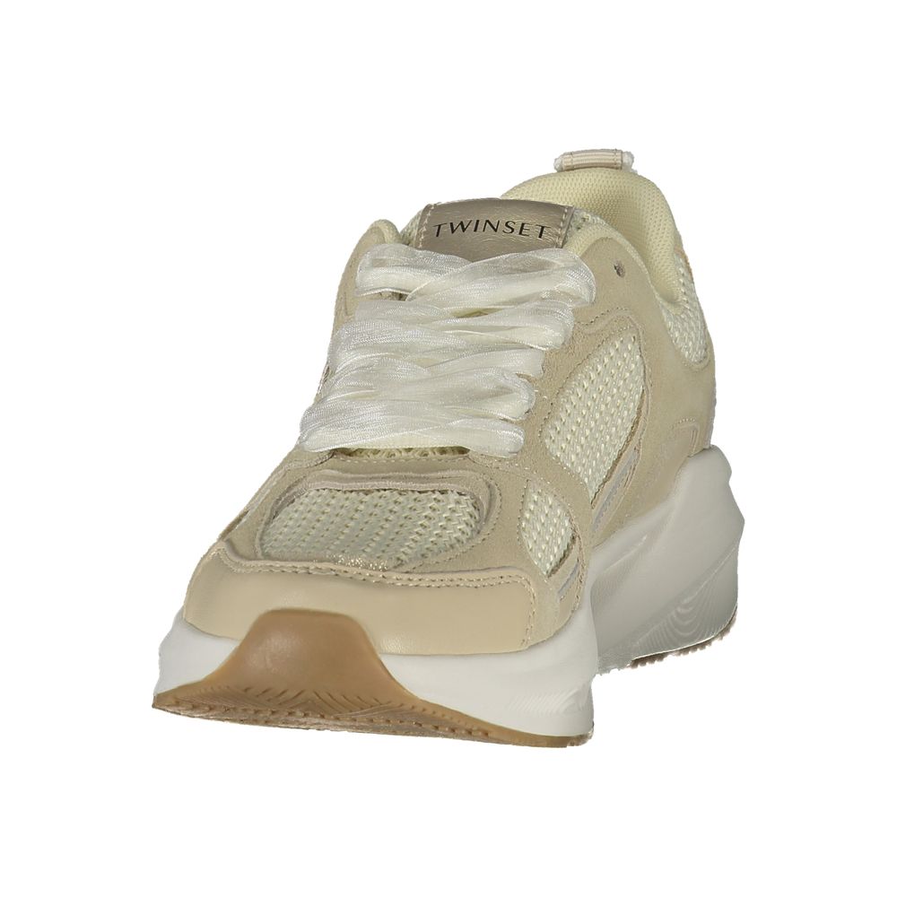 Twinset beige fabric women's sneaker with white sole and lace-up design, casual footwear for women.