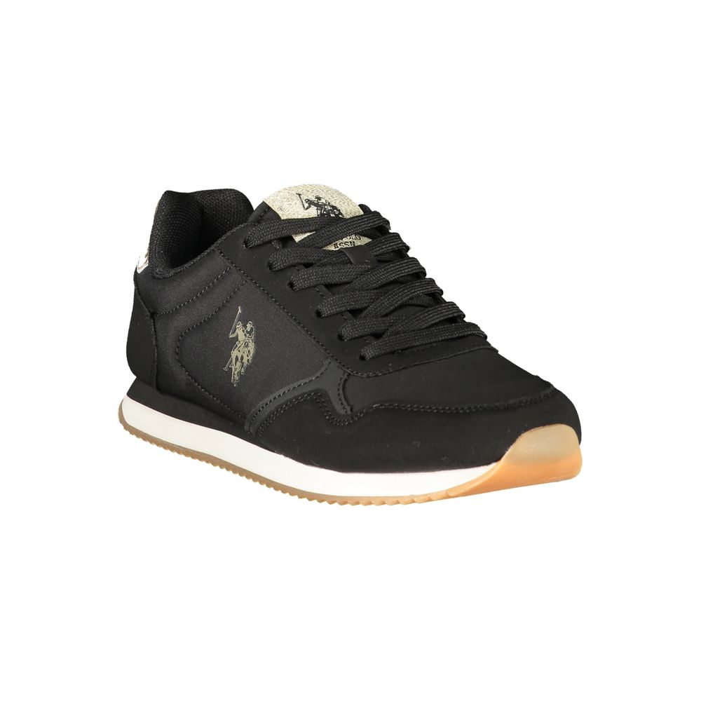 Black U.S. POLO ASSN. women's sneaker made of polyurethane, with a sleek design and white sole, perfect for casual wear.