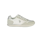 White U.S. POLO ASSN. women's sneaker made of polyurethane, featuring a sleek design and casual style.