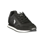U.S. POLO ASSN. black polyurethane men's sneaker with white sole, casual athletic shoe featuring laces and brand logo details.