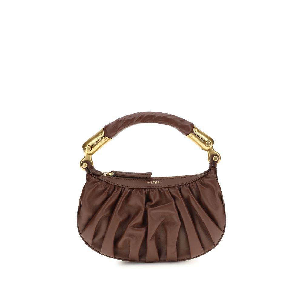 Balmain brown calf leather Bos Taurus shoulder bag with gold hardware and structured design.