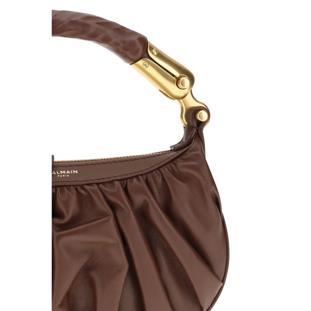 Balmain brown calf leather Bos Taurus shoulder bag with gold-tone hardware and structured design.