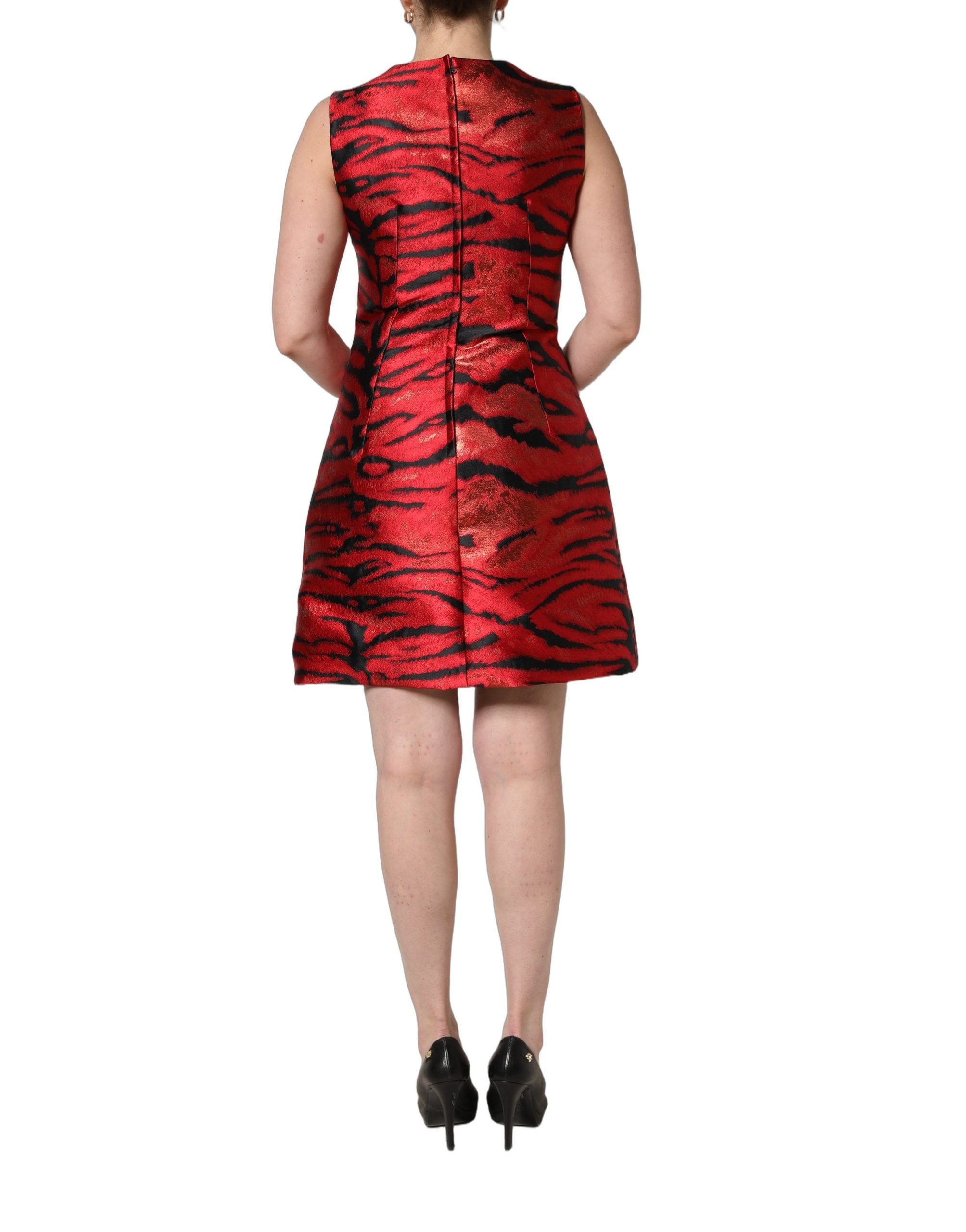 Dolce & Gabbana Red Black Tiger Print Jacquard Flared Dress Dolce & Gabbana