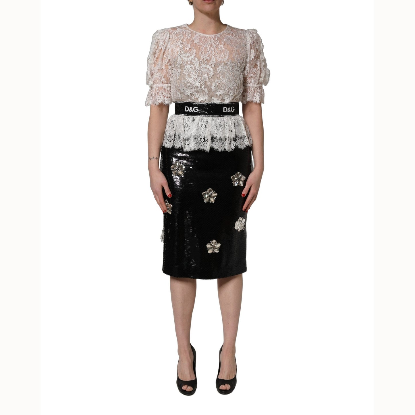 Dolce & Gabbana White Lace Top Embellished Black Skirt Dress