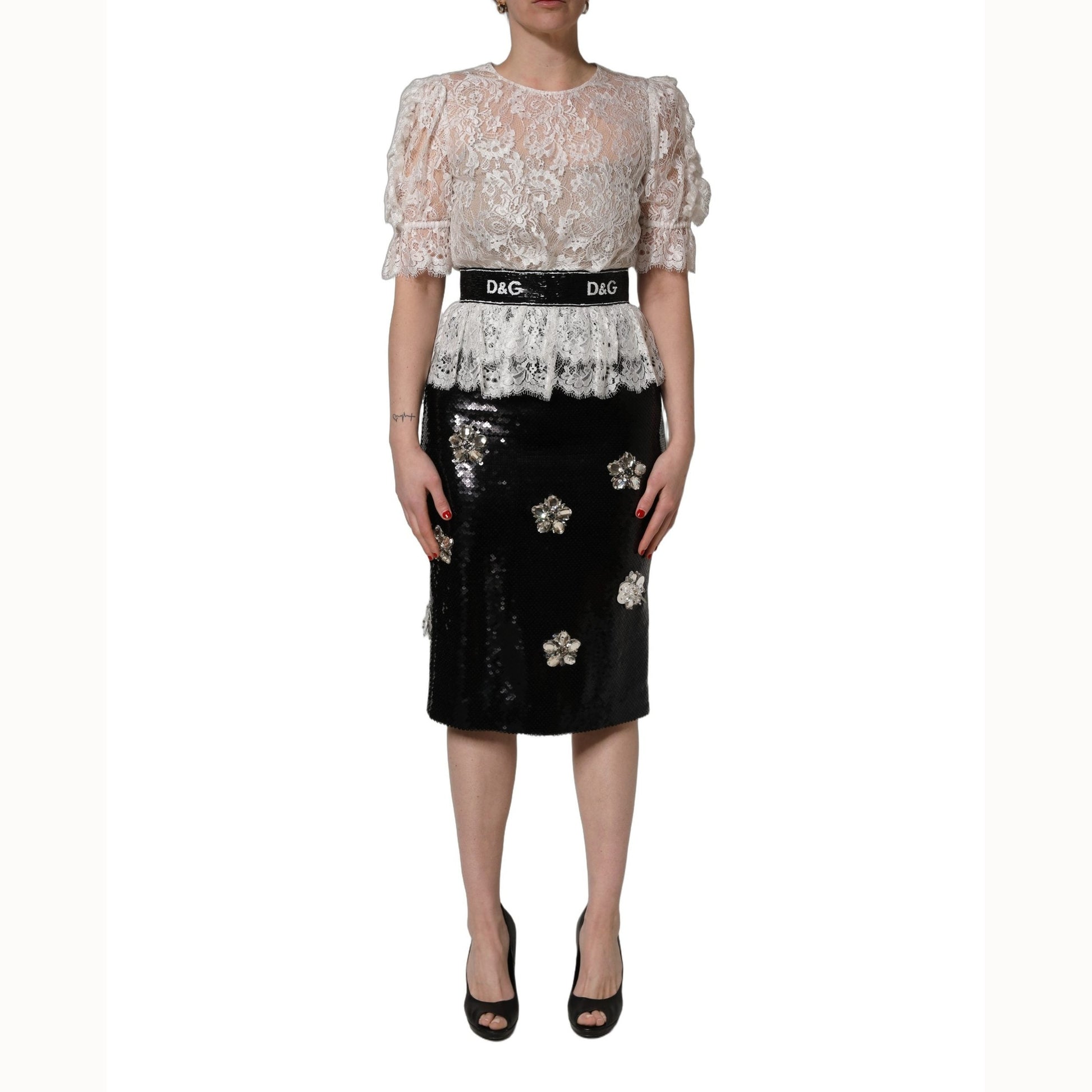 Dolce & Gabbana White Lace Top Embellished Black Skirt Dress