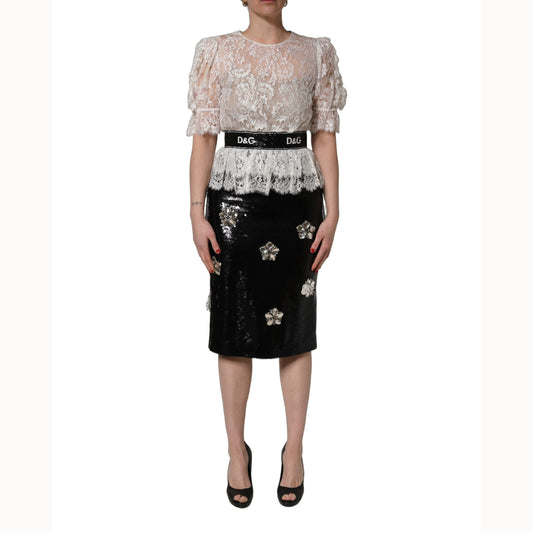 Dolce & Gabbana White Lace Top Embellished Black Skirt Dress