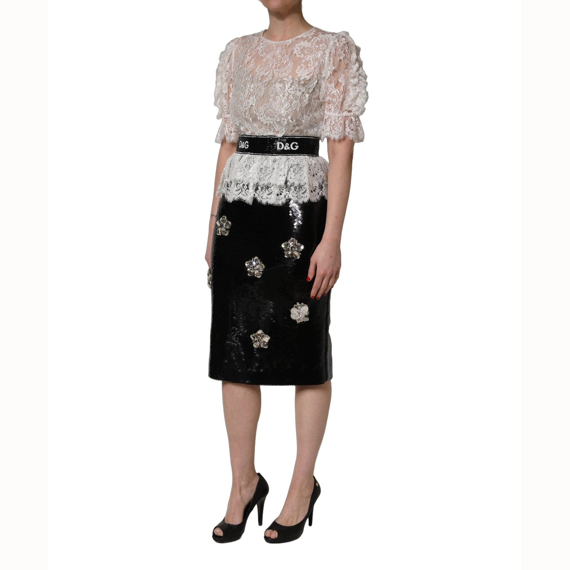 Dolce & Gabbana White Lace Top Embellished Black Skirt Dress