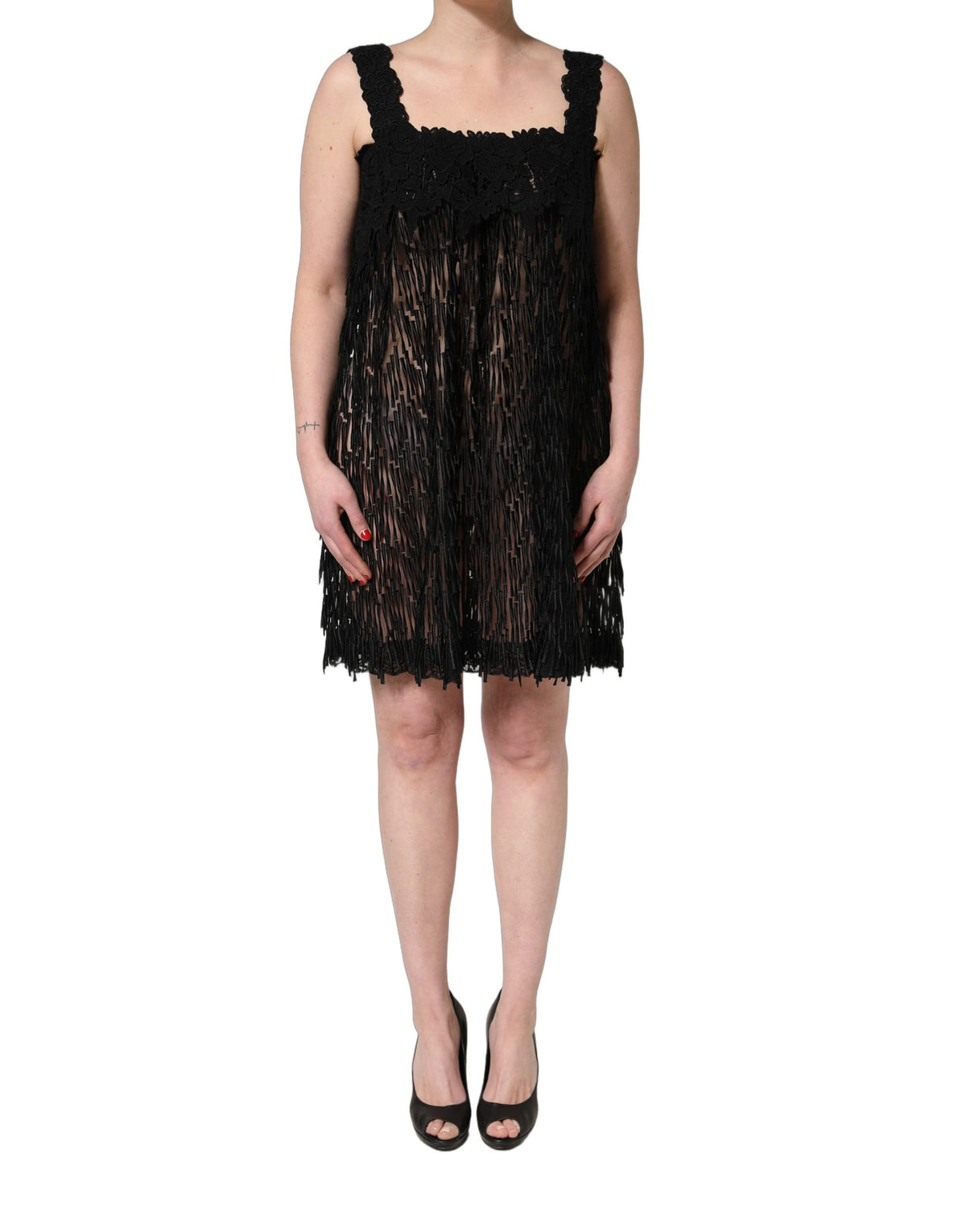 Dolce & Gabbana Black Viscose Fringed Sleeveless Mini Dress - Eljoys Fashion 