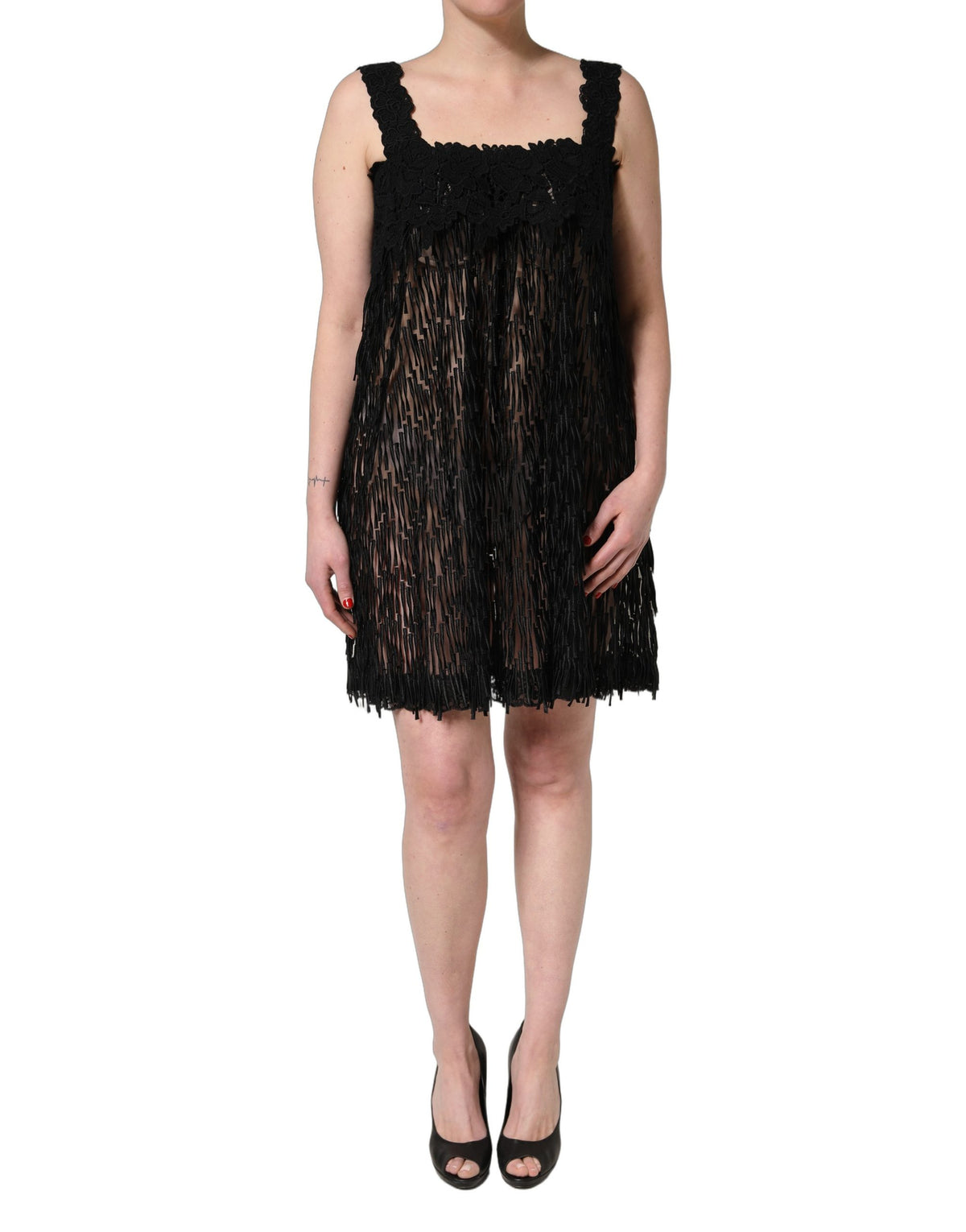 Dolce & Gabbana Black Viscose Fringed Sleeveless Mini Dress - Eljoys Fashion 