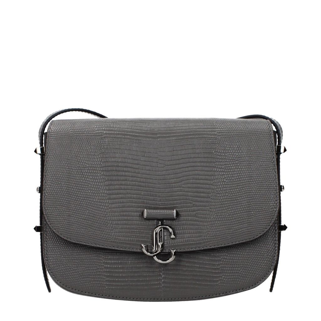 Jimmy Choo gray leather crossbody bag with adjustable strap and sleek design, perfect for stylish everyday use.