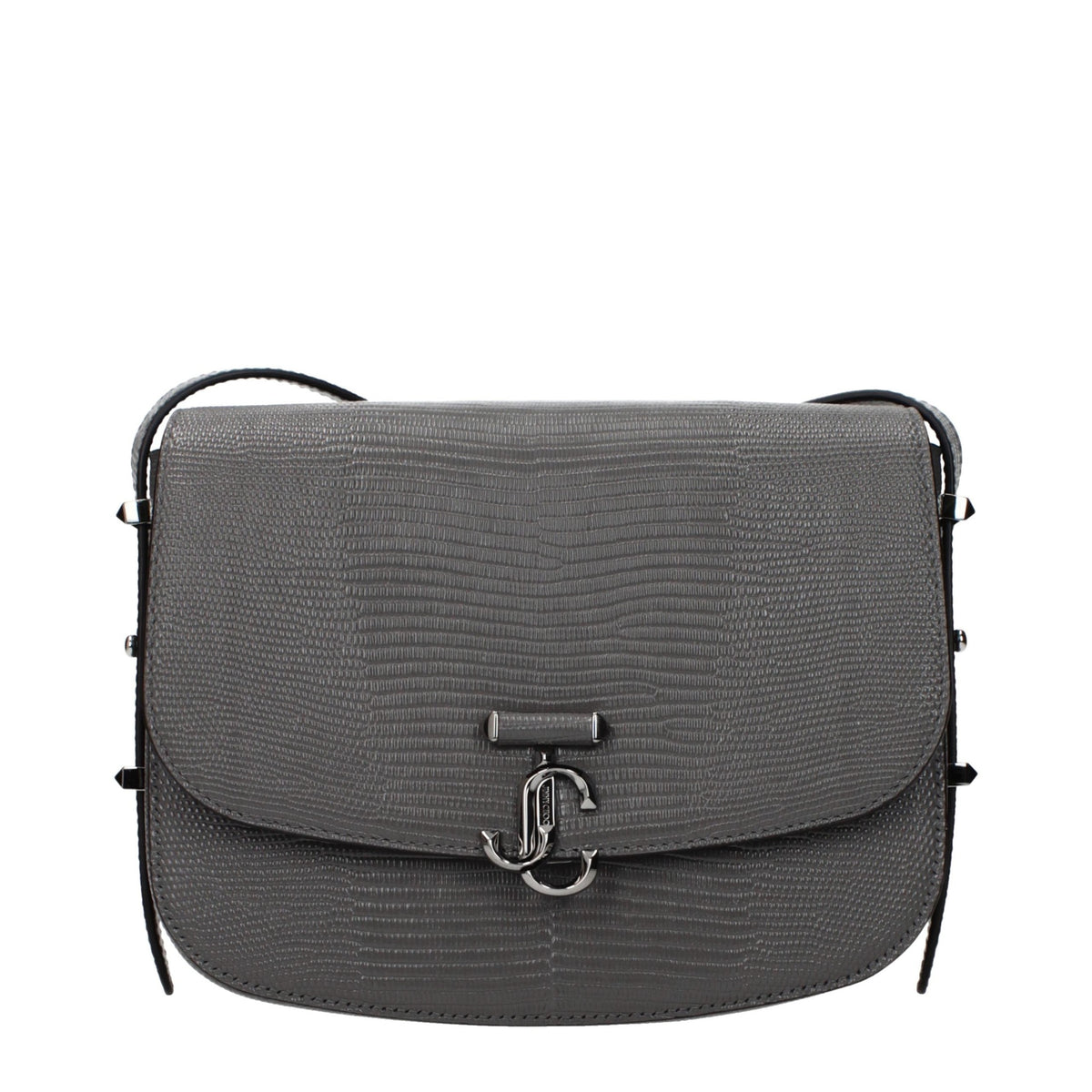 Jimmy Choo gray leather crossbody bag with adjustable strap and sleek design, perfect for stylish everyday use.
