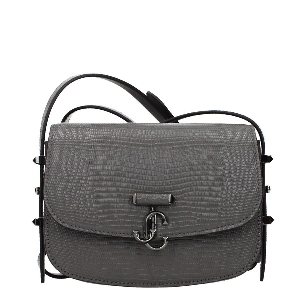 Jimmy Choo gray leather shoulder bag with sleek design and top handle, featuring a spacious interior and elegant style.