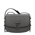 Jimmy Choo gray leather shoulder bag with sleek design and top handle, featuring a spacious interior and elegant style.