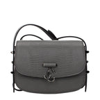 Jimmy Choo gray leather shoulder bag with sleek design and top handle, featuring a spacious interior and elegant style.