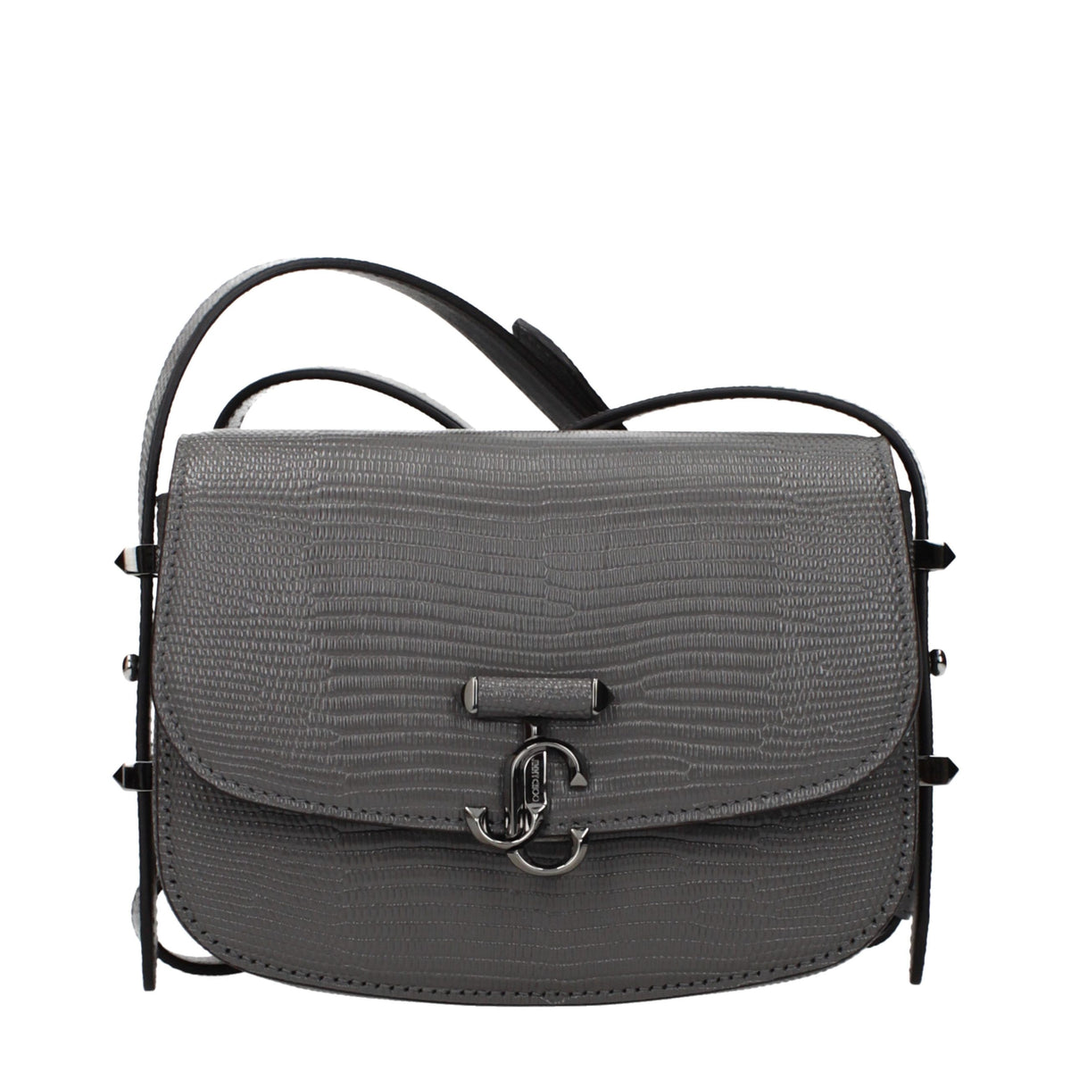 Jimmy Choo gray leather shoulder bag with sleek design and top handle, featuring a spacious interior and elegant style.