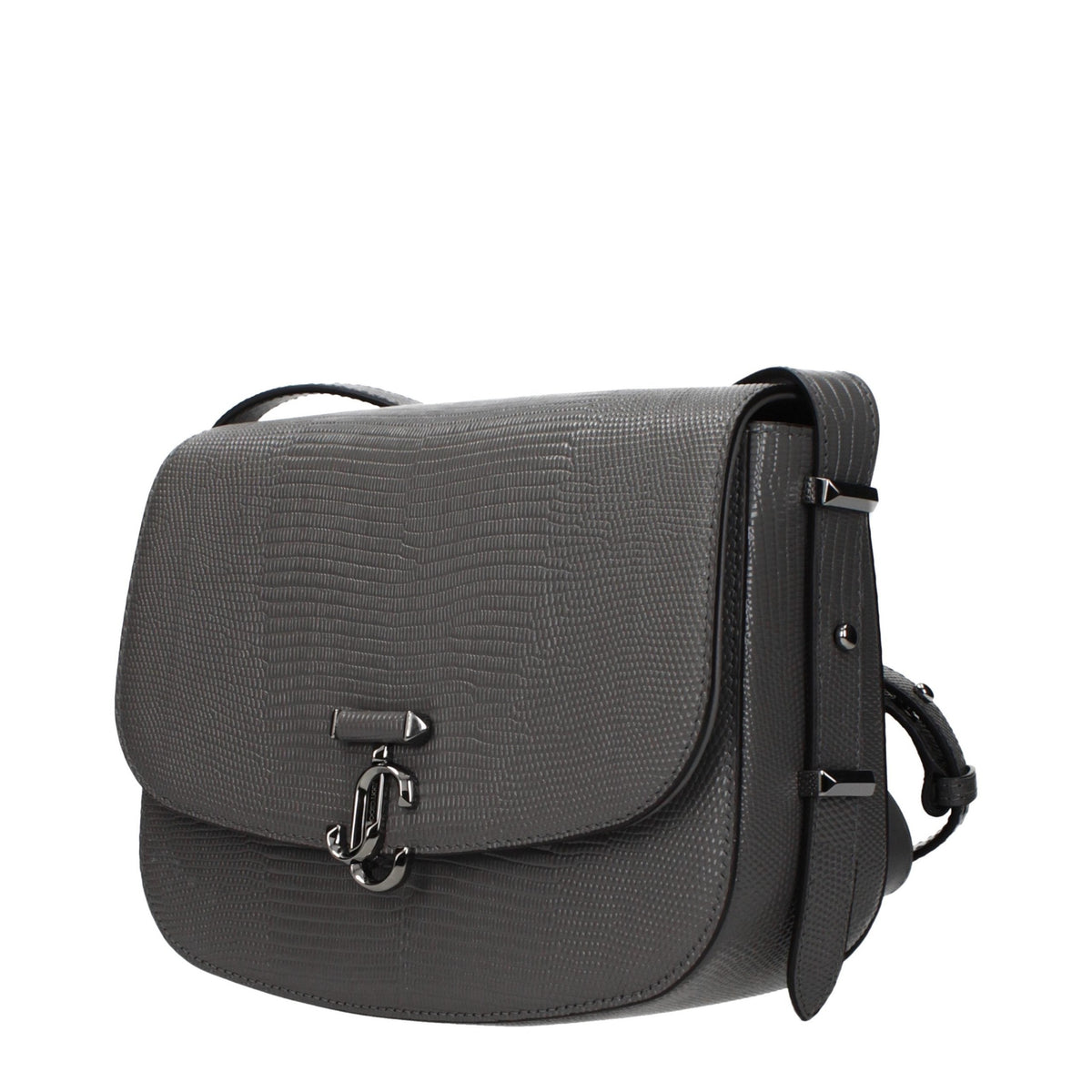 Jimmy Choo gray leather crossbody bag with sleek design and adjustable strap, featuring subtle branding and a modern style.