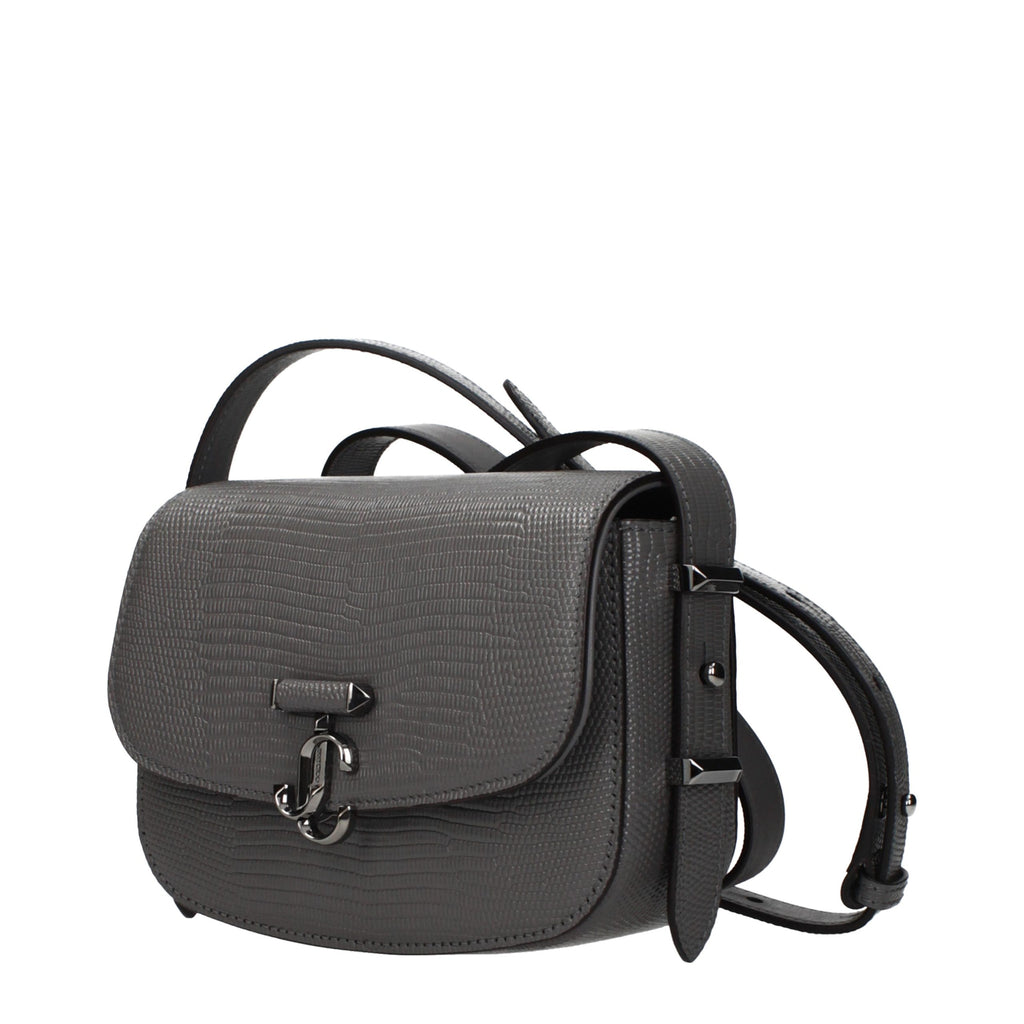Jimmy Choo gray leather shoulder bag with silver hardware, featuring a sleek design and adjustable strap.