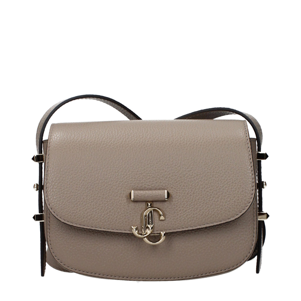 Jimmy Choo gray leather crossbody bag showing sleek design, adjustable strap, and subtle logo detail.