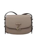 Jimmy Choo gray leather crossbody bag showing sleek design, adjustable strap, and subtle logo detail.