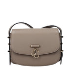 Jimmy Choo gray leather crossbody bag showing sleek design, adjustable strap, and subtle logo detail.